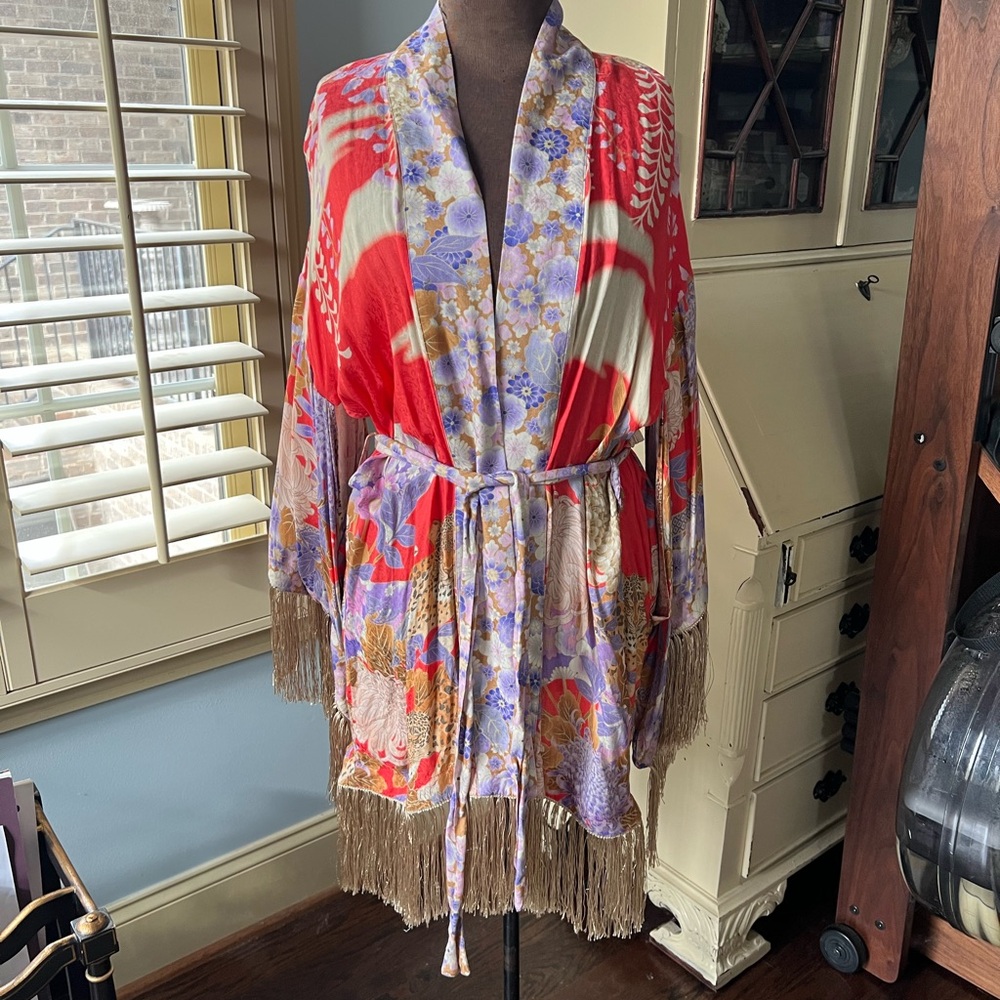Spell & The Gypsy Collective Multicolor Floral Kimono with silky fringe